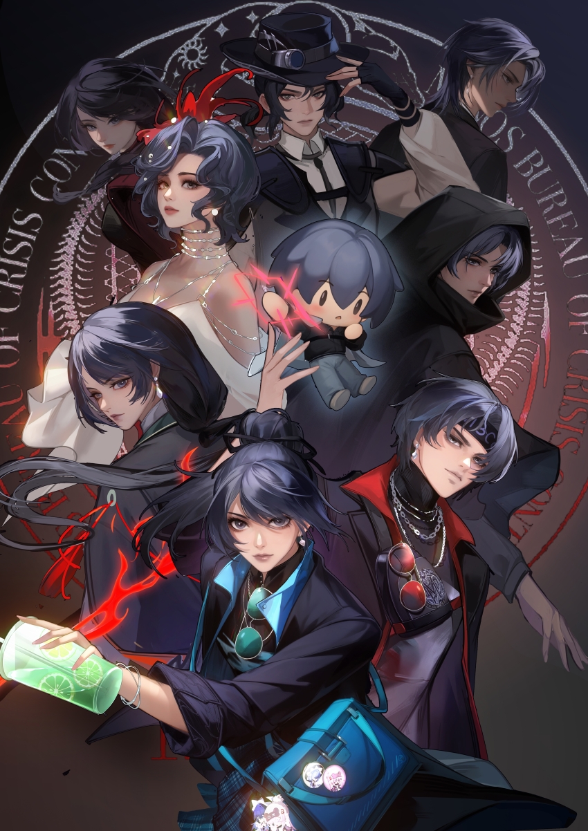 1boy, 1girl, absurdres, aviator_sunglasses, badge, bag, black_cape, black_coat