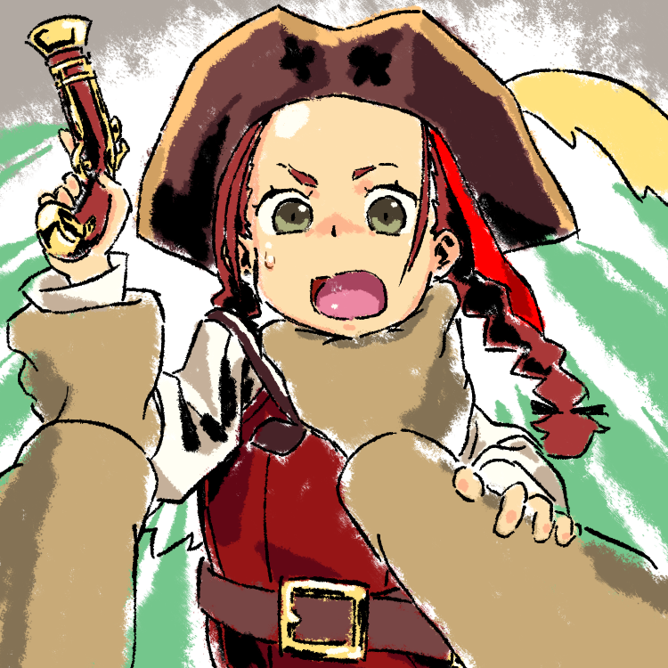 1boy, 1girl, antique_firearm, belt, braid, eisu_(eith), etrian_odyssey, firearm