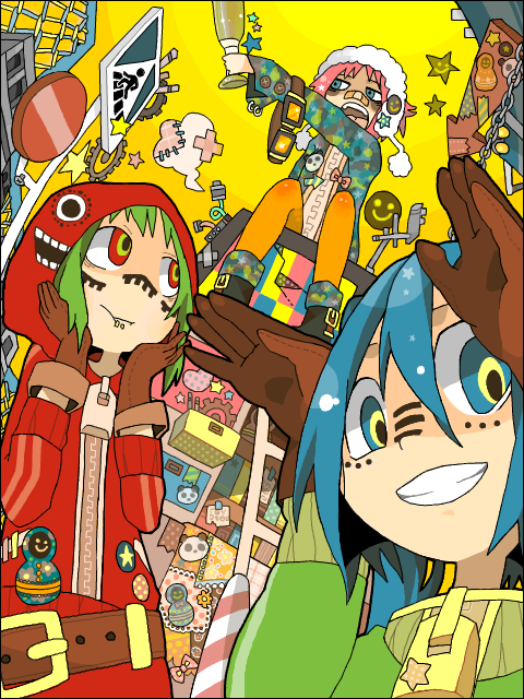3girls, aqua_hair, bandaid, bandaid_on_face, bandaid_on_nose, baseball_bat, belt, colorful, creator_connection, gloves, goggles, green_eyes, green_hair, gumi, hatsune_miku, higashi_(azm), hood, hoodie, matryoshka_(vocaloid), multicolored_eyes, multiple_girls, orange_pantyhose, panda_hero_(vocaloid), pantyhose, pink_hair, red_eyes, short_hair, songover, tegaki, vocaloid, yellow_eyes