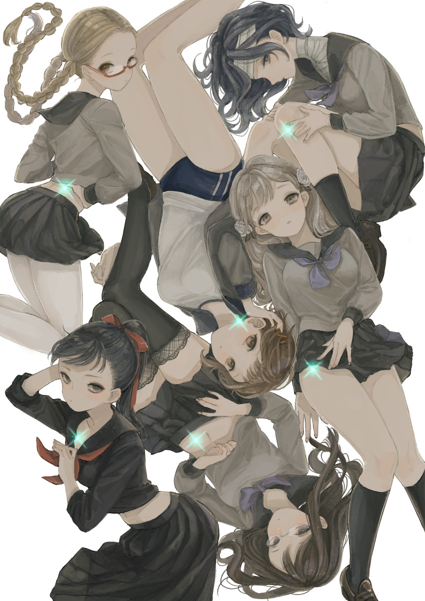 6+girls, absurdres, bandaged_head, bandaged_neck, bandages, black_serafuku, black_skirt, blue_hair