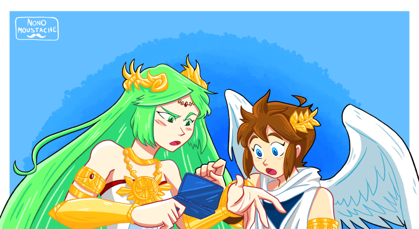 1boy, 1girl, ahoge, ancient_greek_clothes, angel, angel_wings, armlet, blue_background, chain, chiton, circlet, derivative_work, diadem, forehead_jewel, gold_chain, greco-roman_clothes, green_eyes, green_hair, handheld_game_console, highres, jewelry, kid_icarus, kid_icarus_uprising, laurel_crown, neck_ring, nintendo, nintendo_ds, nonomoustache, palutena, pit_(kid_icarus), screenshot_redraw, twitter_username, vambraces, wings