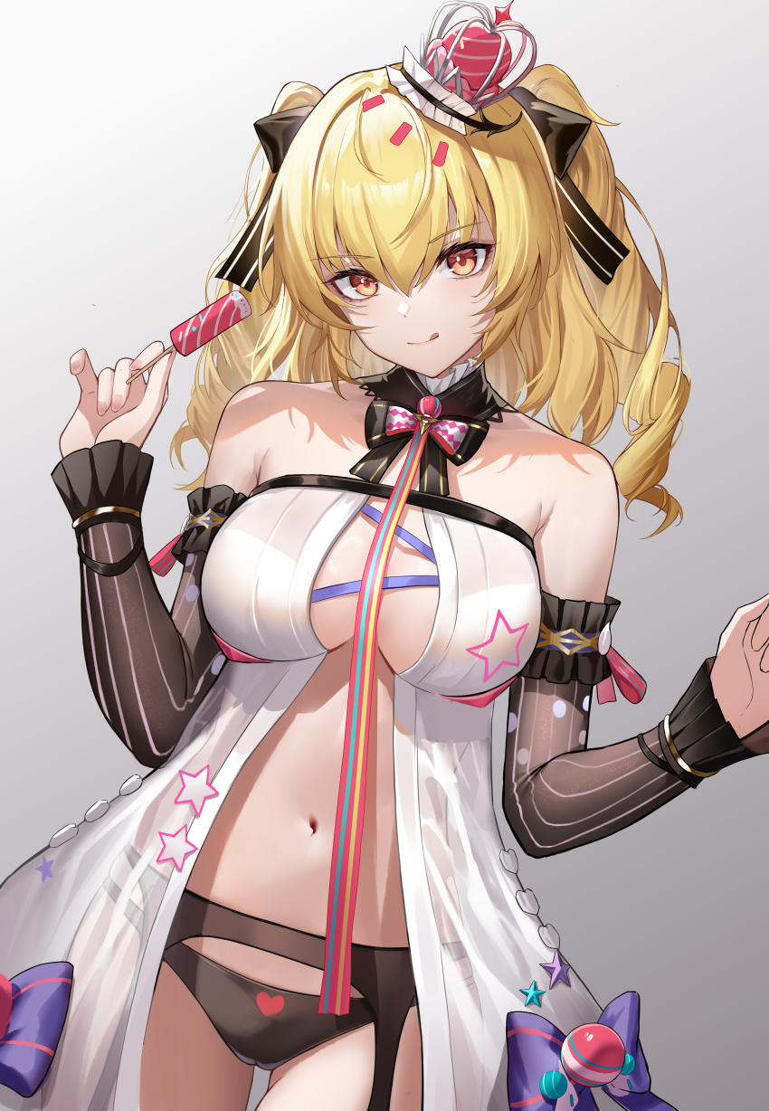 1girl, absurdres, babydoll, bare_shoulders, black_panties, blonde_hair, blush, breasts