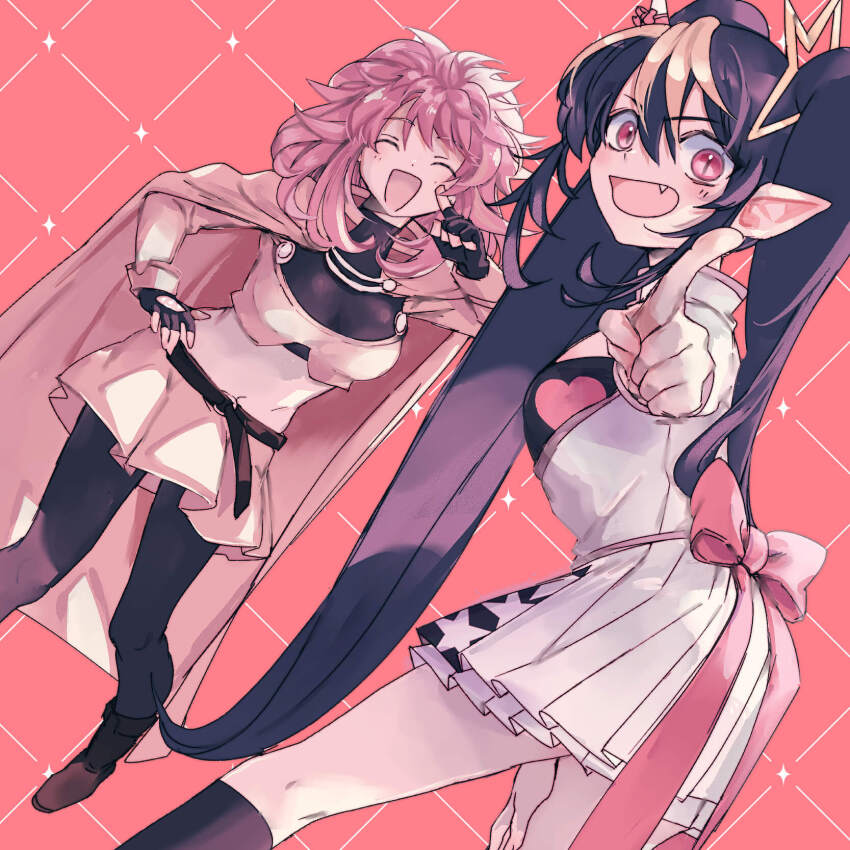 2girls, :d, belt, black_gloves, black_hair, black_pantyhose, black_socks, bow