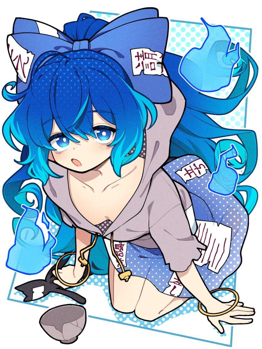 1girl, :o, bangle, bare_legs, barefoot, blue_bow, blue_eyes, blue_hair