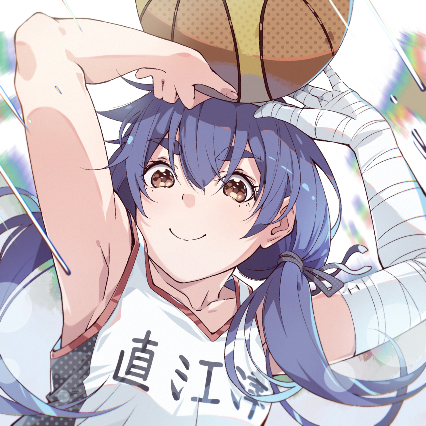 1girl, arms_up, ball, bandaged_arm, bandages, basketball, basketball_(object), basketball_uniform