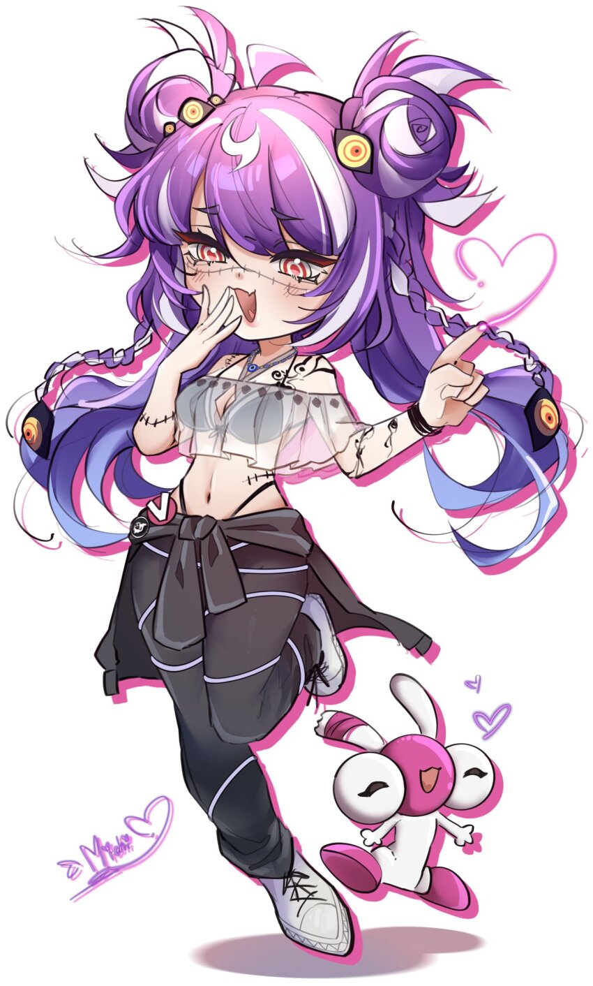 1girl, ahoge, bikini, bikini_under_clothes, black_bikini, black_jacket, black_pants, clothes_around_waist, cropped_shirt, fang, heart, highleg, highleg_bikini, highres, jacket, jacket_around_waist, jared_(michi_mochievee), long_hair, looking_at_viewer, michi_mochievee, michi_mochievee_(summer), misakii_art, navel, off-shoulder_shirt, off_shoulder, open_mouth, pants, patchwork_skin, purple_hair, see-through_clothes, see-through_shirt, shirt, shoes, shoulder_tattoo, skin_fang, smile, swimsuit, tattoo, tied_jacket, virtual_youtuber, vshojo, white_footwear, white_hair