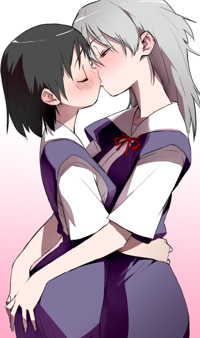 2girls, ass, ass_grab, black_hair, blush, brown_hair, closed_eyes, couple, dokunari, genderswap, genderswap_(mtf), groping, hand_on_own_ass, highres, hug, ikari_shinji, kiss, long_hair, multiple_girls, nagisa_kaworu, neon_genesis_evangelion, red_eyes, school_uniform, short_hair, silver_hair, skirt, yuri