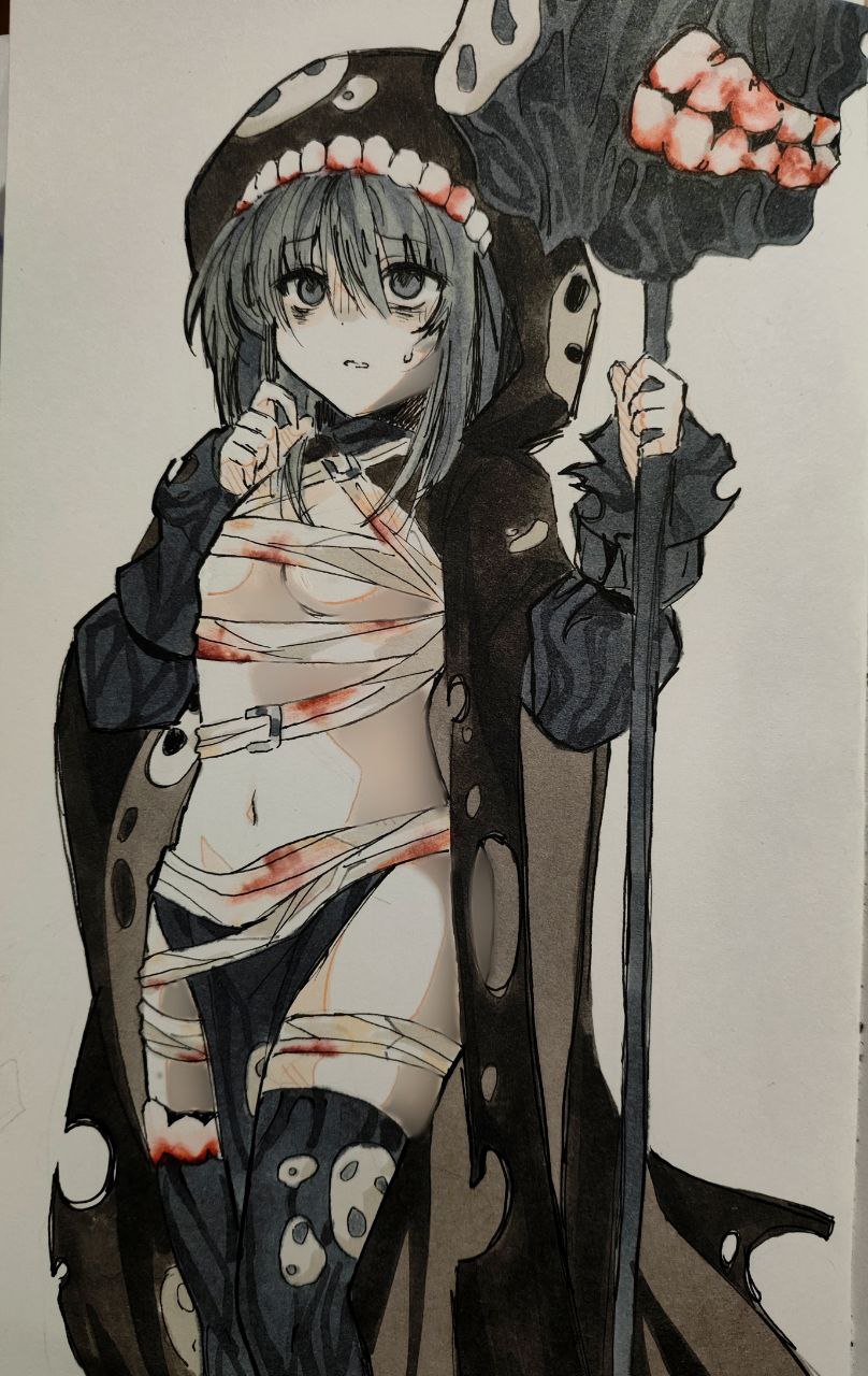 1girl, bandages, black_eyes, black_hair, black_souls, black_thighhighs, blood, bloody_bandages, breasts, brown_cape, cape, commentary, cowboy_shot, e.g.o_(project_moon), english_commentary, hammer, highres, holding, holding_hammer, hood, hooded_cape, lobotomy_corporation, miranda_(black_souls), navel, project_moon, rebrrro, simple_background, small_breasts, smile_(e.g.o), solo, thighhighs, traditional_media, white_background
