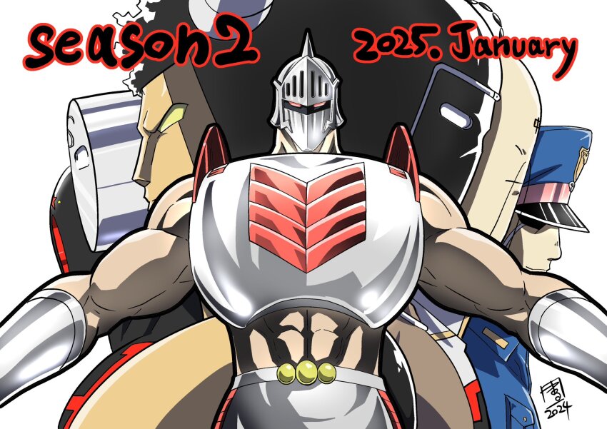 2024, 2025, 6+boys, abs, arm_up, armor, biceps, black_hole_(kinnikuman)