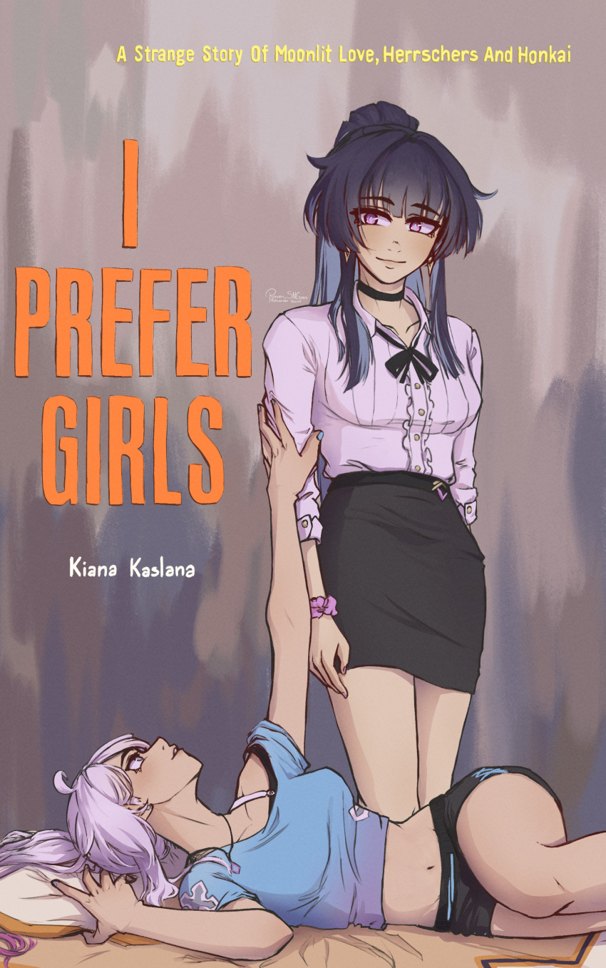 2girls, absurdres, ahoge, black_choker, black_hair, black_ribbon, black_shorts, black_skirt