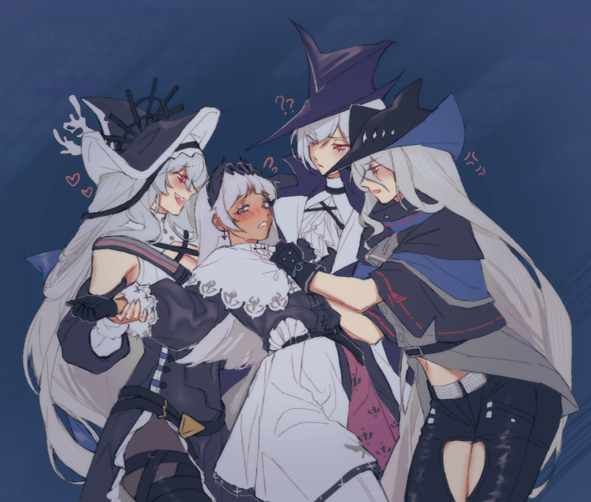 4girls, ?, arknights, black_gloves, blush, clothing_cutout, dress, earrings, female_bullying_stock_photo_(meme), front-seamed_legwear, gladiia_(arknights), gloves, grey_eyes, grey_hair, hand_on_another's_chest, hand_on_another's_head, head_wings, highres, holding_another's_wrist, irene_(arknights), jewelry, leaning, long_hair, meme, multiple_girls, orz_(kagewaka), pantyhose, pink_skirt, pointy_hat, red_eyes, seamed_legwear, shoulder_cutout, skadi_(arknights), skirt, smile, specter_(arknights), specter_the_unchained_(arknights), standing, thigh_cutout, thighhighs, thighhighs_over_pantyhose, very_long_hair, white_hair, white_pantyhose, white_skirt, wings, yuri