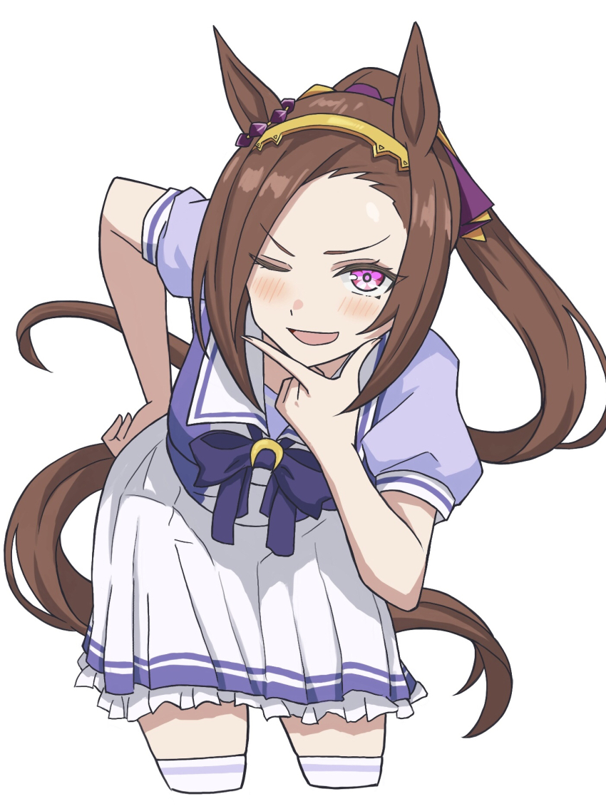 1girl, animal_ears, asymmetrical_bangs, bow, bowtie, breasts, brown_hair, ear_ornament