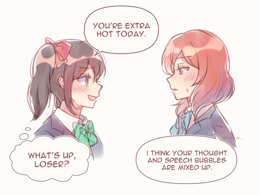 2girls, alt_text, black_hair, blue_eyes, blush, bow, commentary, english_commentary, english_text, hair_bow, highres, love_live!, love_live!_school_idol_project, medium_hair, multiple_girls, nishikino_maki, open_mouth, otonokizaka_school_uniform, profile, red_eyes, red_hair, school_uniform, sioneve, twintails, white_background, yazawa_nico, yuri