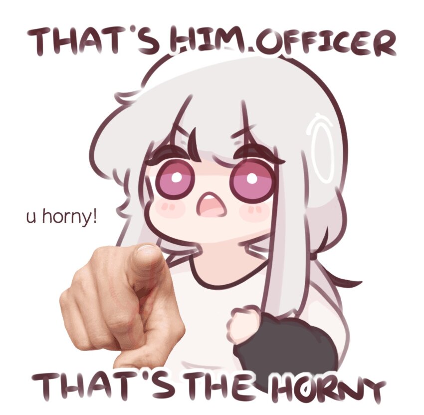 1girl, artist_self-insert, chonkyorca, commentary, cropped_torso, english_text, grey_hair, highres, long_hair, long_sleeves, low_twintails, open_mouth, orca_(chonkyorca), original, photo_inset, pointing, pointing_at_viewer, puffy_long_sleeves, puffy_sleeves, purple_eyes, shirt, simple_background, sleeves_past_wrists, solo, untranslatable_commentary, twintails, upper_body, v-shaped_eyebrows, very_long_hair, white_background, white_shirt