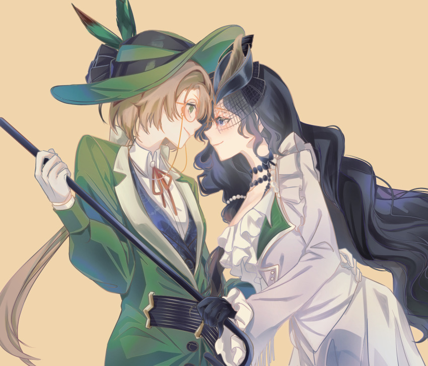 black_gloves, black_hair, black_hat, brown_hair, cane, closed_mouth, collared_shirt, eye_contact, eyewear_strap, face-to-face, feathers, fishnet_veil, from_side, glasses, gloves, green_eyes, green_feathers, green_hat, green_jacket, grey_jacket, grey_skirt, hat, hat_feather, highres, holding, holding_cane, isolde_(reverse:1999), jacket, jewelry, kakania_(reverse:1999), long_hair, looking_at_another, neck_ribbon, necklace, official_alternate_costume, pearl_necklace, profile, purple_eyes, red_ribbon, reverse:1999, ribbon, round_eyewear, shirt, skirt, smile, sun_hat, very_long_hair, wavy_hair, white_gloves, white_shirt, yellow_background, yi_zui_hua_yue, yuri