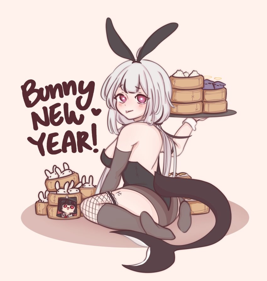 1girl, ahoge, animal_ears, artist_self-insert, ass, bamboo_steamer, steamed_bun, bare_shoulders