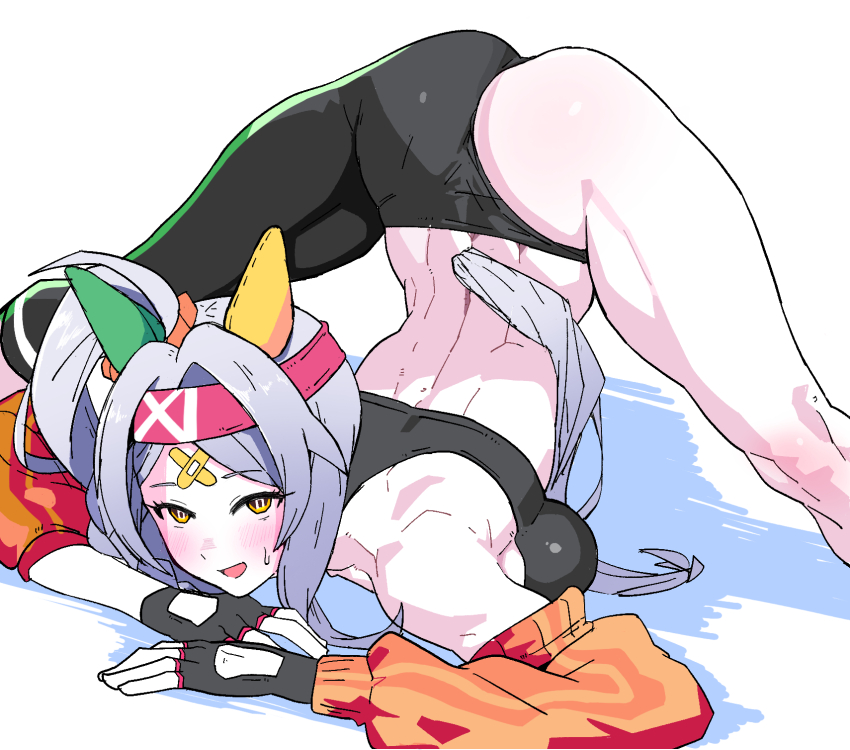 1girl, animal_ears, ass, asymmetrical_clothes, bandaid, bandaid_on_face, bare_shoulders, black_gloves, black_pants, black_sports_bra, blush, breasts, commentary_request, cowboy_shot, crossed_bandaids, ear_covers, fingerless_gloves, gloves, hair_intakes, headband, highres, horse_ears, horse_girl, horse_tail, jack-o'_challenge, leggings, long_hair, looking_at_viewer, medium_breasts, muscular, open_mouth, orange_shirt, pants, shirt, side_ponytail, simple_background, single_pantsleg, smile, solo, sonon_elfie_(umamusume), sports_bra, tail, thighs, top-down_bottom-up, umamusume, very_long_hair, white_background, white_hair, yaki_apple