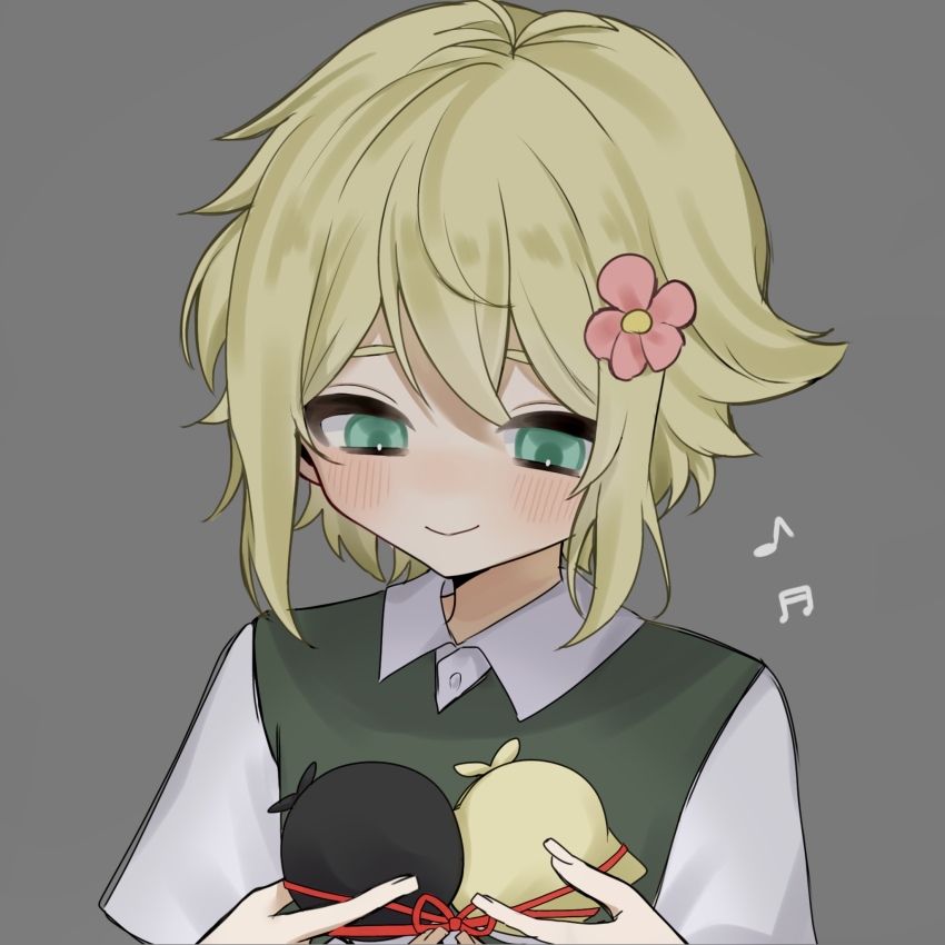 1boy, blonde_hair, blue_eyes, blush, character_doll, closed_mouth, collared_shirt, doll