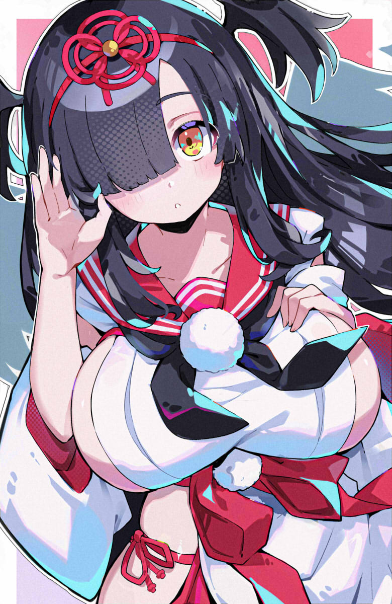 black_hair, black_wings, blunt_bangs, bombergirl, breasts, collarbone, detached_sleeves, highres