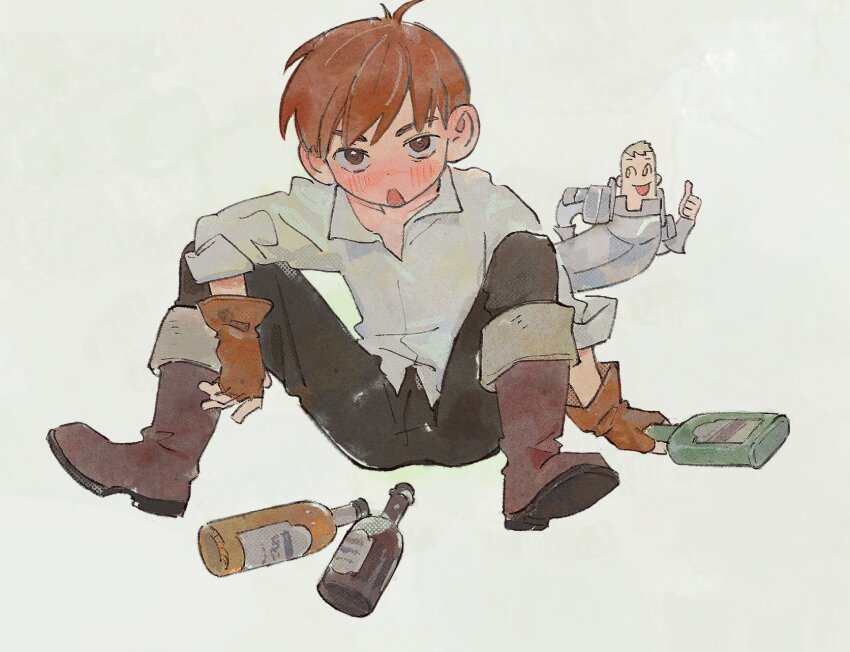 2boys, 4sssst, alcohol, armor, black_pants, blonde_hair, blush, boots