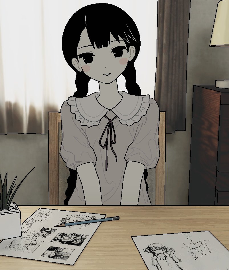 1girl, black_eyes, black_hair, blush_stickers, braid, chair, check_copyright, collared_shirt