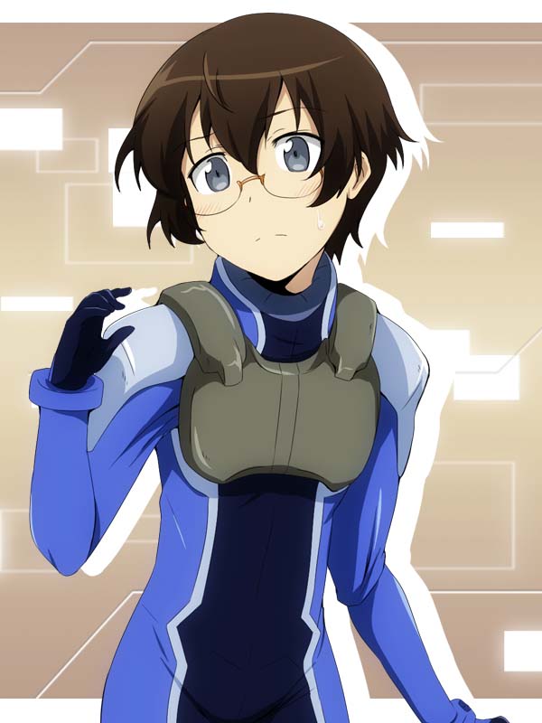 1girl, blue_eyes, blush, brown_hair, cosplay, female_focus, glasses, gundam, gundam_00, ikari_manatsu, md5_mismatch, ore_no_imouto_ga_konna_ni_kawaii_wake_ga_nai, semi-rimless_eyewear, setsuna_f._seiei, setsuna_f_seiei_(cosplay), short_hair, solo, tamura_manami, under-rim_eyewear