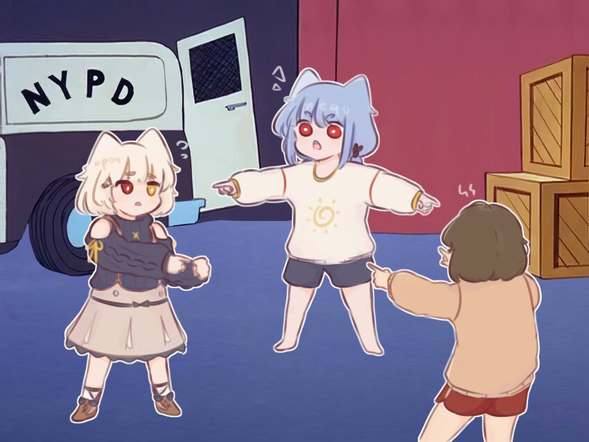 3girls, animal_ears, bare_shoulders, barefoot, black_shorts, black_sweater, blue_eyes, brown_footwear