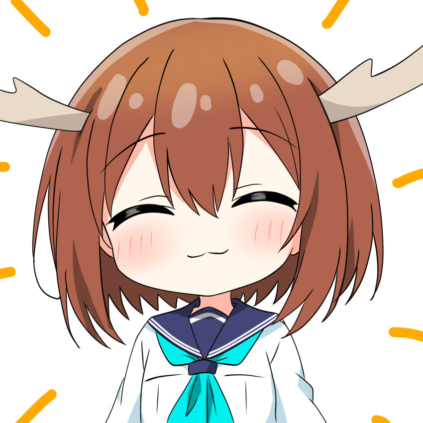 1girl, :3, antlers, blush, brown_hair, chibi, closed_eyes, commentary_request