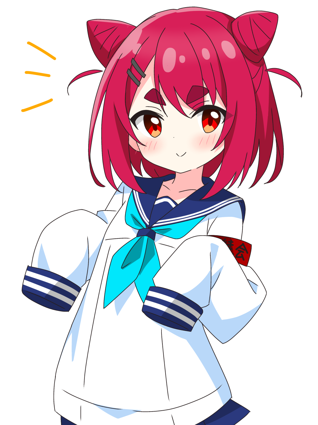 1girl, :3, armband, blush, commentary_request, cone_hair_bun, double_bun, hair_bun