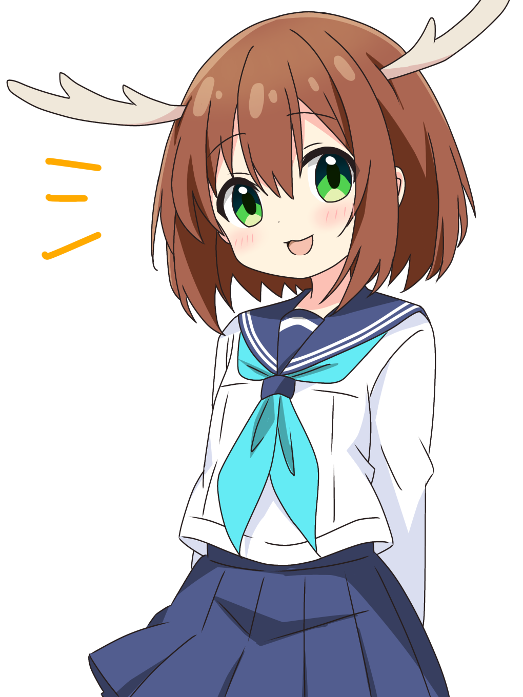 1girl, :3, antlers, blush, brown_hair, commentary_request, deer_antlers, deer_girl, green_eyes, highres, horns, kotatsu-mazoku, long_sleeves, looking_at_viewer, neckerchief, notice_lines, open_mouth, pleated_skirt, school_uniform, serafuku, shikanoko_noko, shikanoko_nokonoko_koshitantan, short_hair, skirt, smile, solo