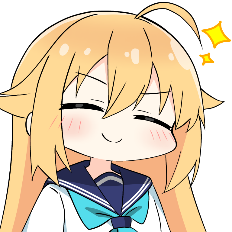 1girl, ahoge, blonde_hair, blush, chibi, closed_eyes, commentary_request, hair_flaps