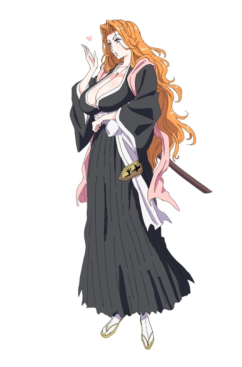 1girl, badge, bleach, breasts, cleavage, fukutaichou_badge, hakama, heart