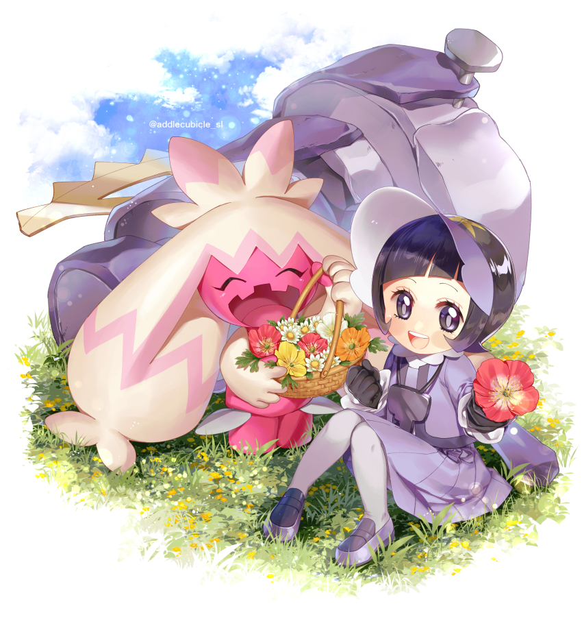1girl, ^_^, addlecubicle_sl, basket, black_gloves, black_hair, closed_eyes, cloud, commentary_request, day, flower, gloves, grass, highres, holding, holding_basket, holding_flower, nintendo, open_mouth, orange_flower, pantyhose, pokemon, pokemon_(creature), pokemon_scarlet_and_violet, poppy_(pokemon), purple_eyes, red_flower, shoes, sitting, sky, tinkaton, twitter_username, white_flower, yellow_flower
