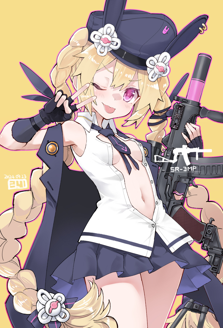 1girl, :p, animal_ears, assault_rifle, black_gloves, black_necktie, black_skirt, blonde_hair