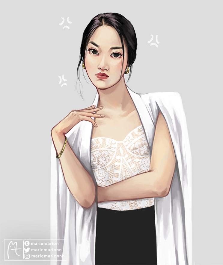 1girl, anger_vein, black_hair, bracelet, brown_eyes, commentary, earrings, female_focus, gap:_the_series, gold_bracelet, jewelry, makeup, mariemarion, samanan_anantrakul, standing, untranslatable_commentary