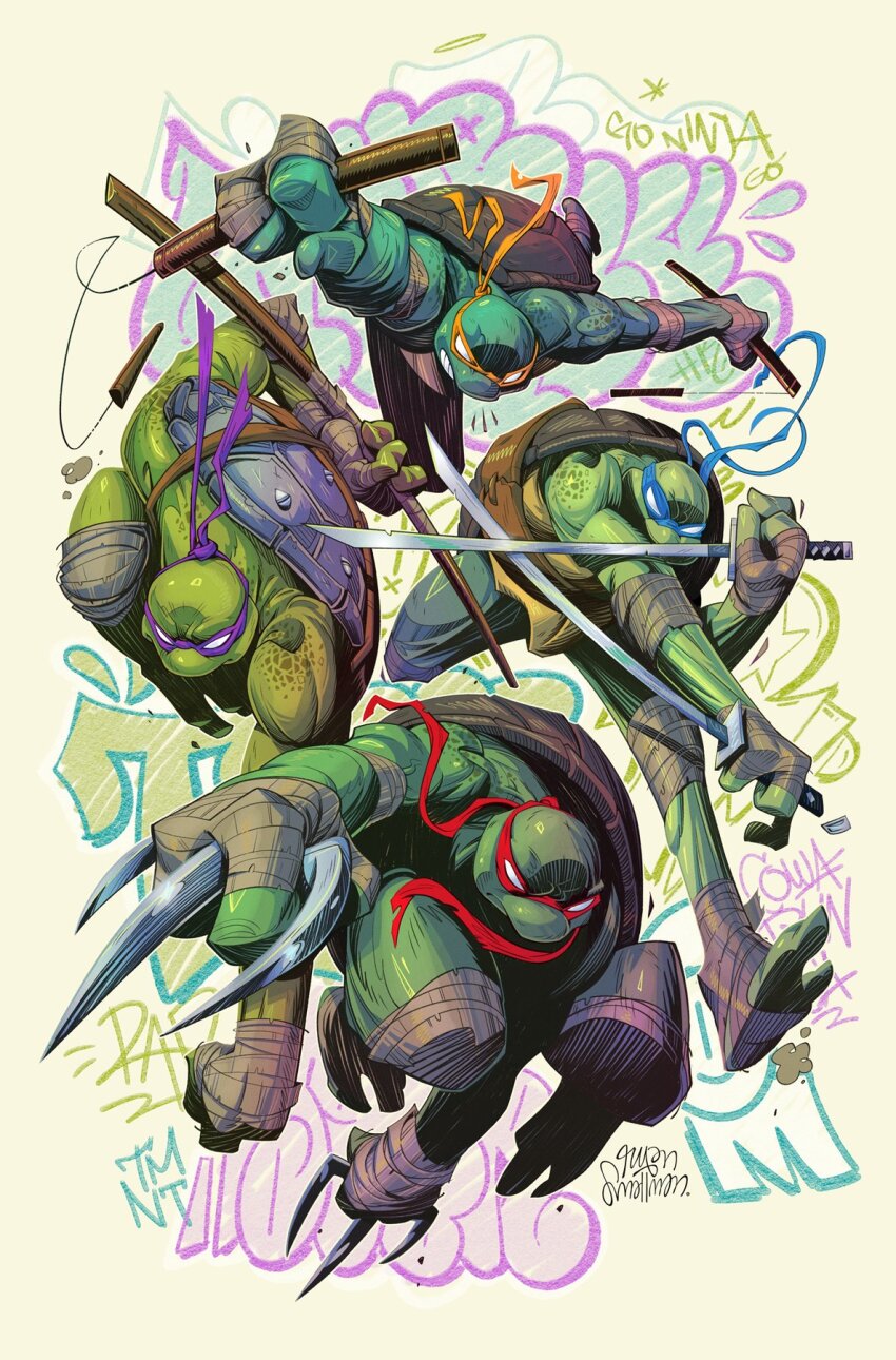 4boys, blank_eyes, colored_skin, donatello_(tmnt), dual_wielding, furry, furry_male, graffiti, green_skin, highres, holding, holding_nunchaku, holding_sword, holding_weapon, katana, leonardo_(tmnt), michelangelo_(tmnt), multiple_boys, nunchaku, raphael_(tmnt), ryan_smallman, sai_(weapon), sword, teenage_mutant_ninja_turtles, turtle_boy, weapon