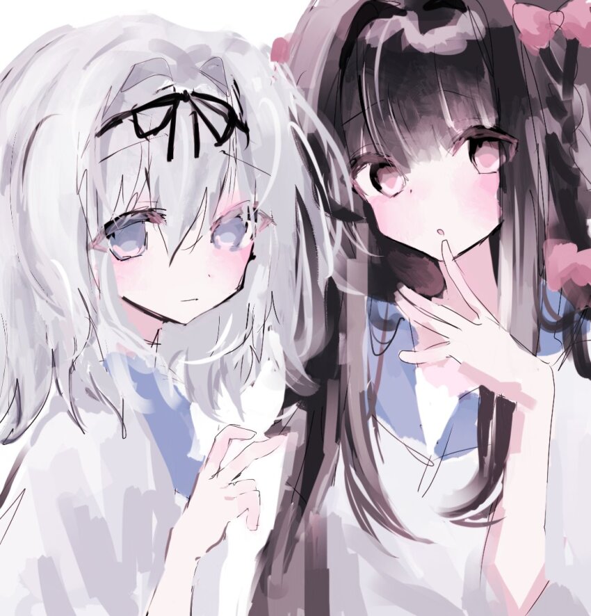 2girls, black_ribbon, bow, brown_hair, commentary, grey_eyes, grey_hair, hair_between_eyes, hair_bow, hair_ribbon, hanamura_hinako, hand_up, hashtag-only_commentary, kitanai_kimi_ga_ichiban_kawaii, long_hair, looking_at_viewer, multiple_girls, pink_bow, pink_eyes, ribbon, sezaki_airi, short_hair, sidelocks, unagizaka_gohan