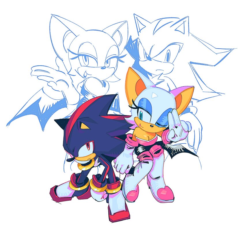 1boy, 1girl, animal_ears, black_fur, boots, furry, furry_female, furry_male, gloves, highres, looking_at_another, multiple_views, one_eye_closed, qroken, red_eyes, red_fur, rouge_the_bat, shadow_the_hedgehog, shoes, simple_background, sonic_(series), two-tone_fur, white_background, white_footwear, white_fur, white_gloves