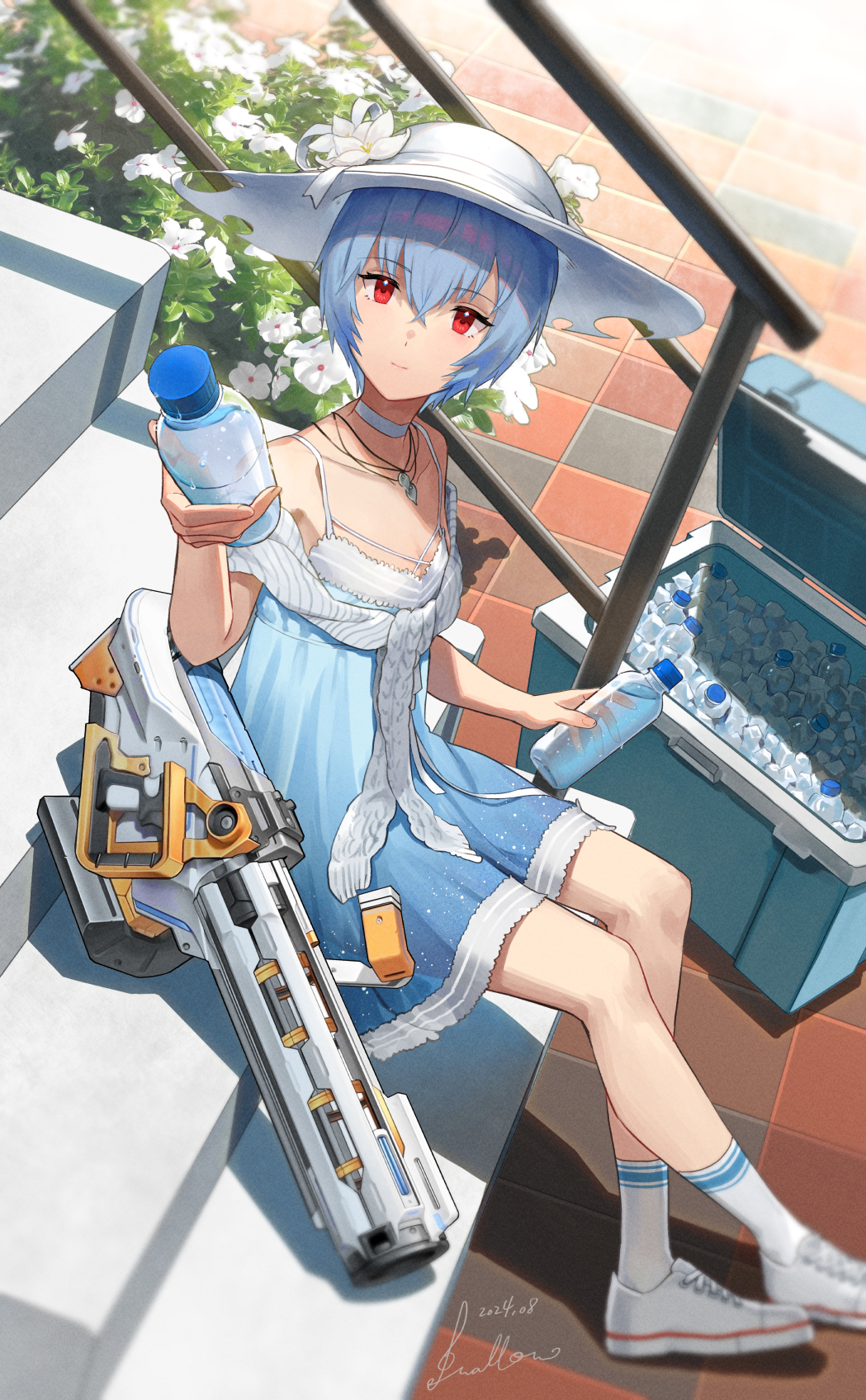 1girl, 2024, ayanami_rei, ayanami_rei_(peaceful_vacation)_(nikke), blue_dress, bottle, choker, cooler, crossover, dated, dated_commentary, dress, flower, goddess_of_victory:_nikke, gun, hat, hat_flower, highres, holding, holding_bottle, ice, neon_genesis_evangelion, official_alternate_costume, red_eyes, short_hair, sitting, sitting_on_stairs, socks, solo, stairs, sun_hat, swa_(swallow165), water_bottle, weapon, white_choker, white_flower, white_footwear, white_hat, white_socks