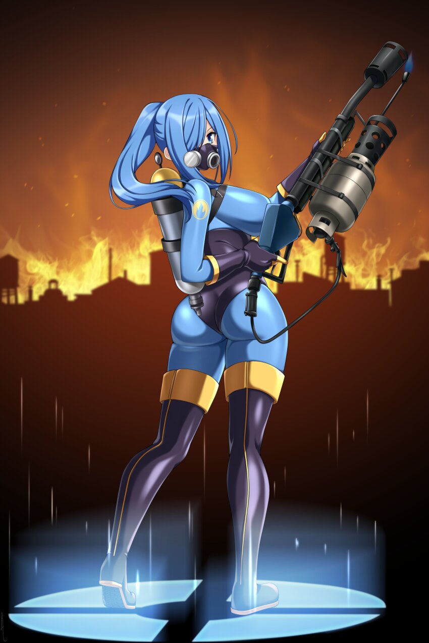 1girl, absurdres, ass, black_boots, black_gloves, blu_pyro_(tf2), blue_bodysuit, blue_eyes, blue_hair, bodysuit, boots, breasts, canister, commission, fiery_background, fire, flamethrower, full_body, gas_mask, genderswap, genderswap_(otf), gloves, glowing, glowing_floor, hair_over_one_eye, highres, holding, holding_flamethrower, holding_weapon, impossible_bodysuit, impossible_clothes, large_breasts, latex, latex_bodysuit, lindaroze, long_hair, looking_at_viewer, looking_back, mask, night, outdoors, ponytail, pyro_(tf2), second-party_source, sky, solo, standing, team_fortress_2, thigh_boots, weapon