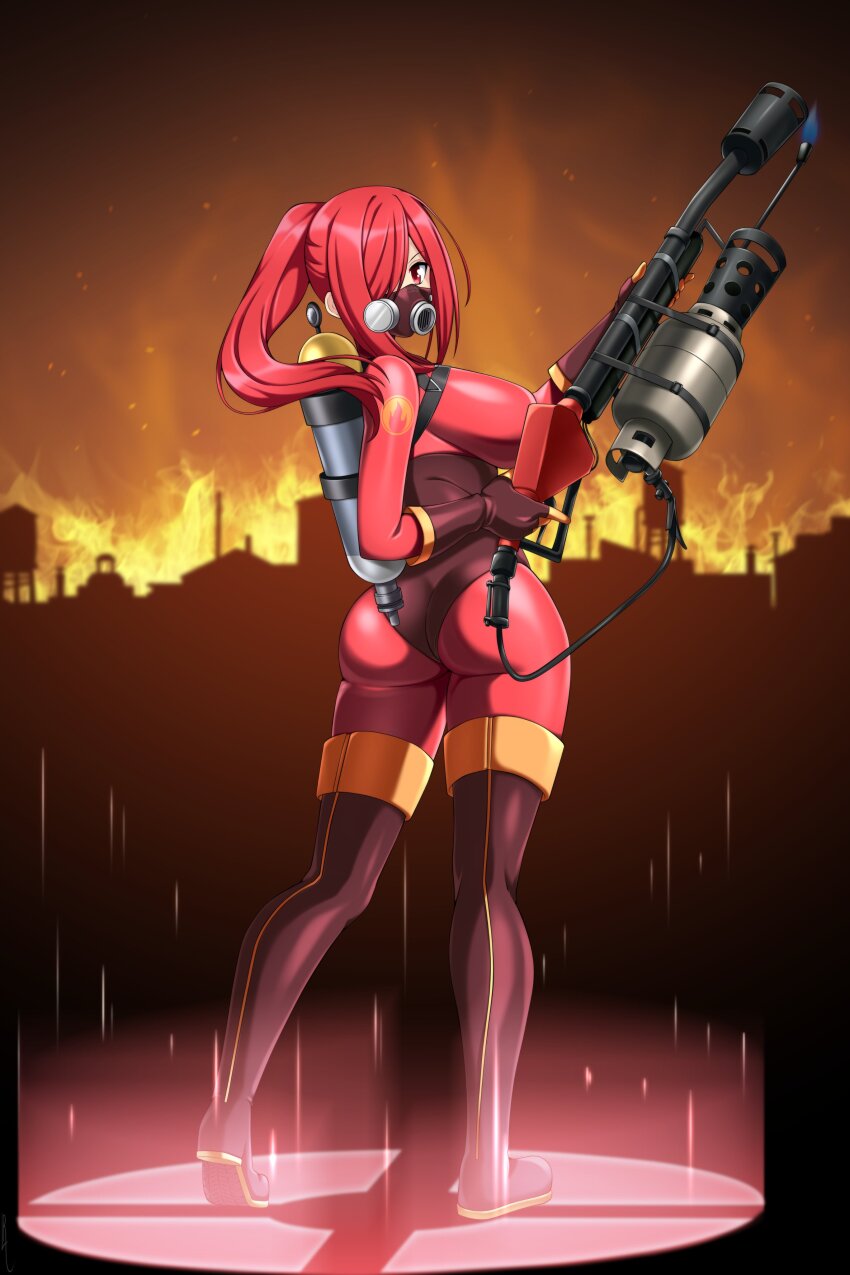 1girl, absurdres, ass, black_boots, black_gloves, bodysuit, boots, breasts, canister, commission, fiery_background, fire, flamethrower, full_body, gas_mask, genderswap, genderswap_(otf), gloves, glowing, glowing_floor, hair_over_one_eye, highres, holding, holding_flamethrower, holding_weapon, impossible_bodysuit, impossible_clothes, large_breasts, latex, latex_bodysuit, lindaroze, long_hair, looking_at_viewer, looking_back, mask, night, outdoors, ponytail, pyro_(tf2), red_bodysuit, red_eyes, red_hair, red_pyro_(tf2), second-party_source, sky, solo, standing, team_fortress_2, thigh_boots, weapon