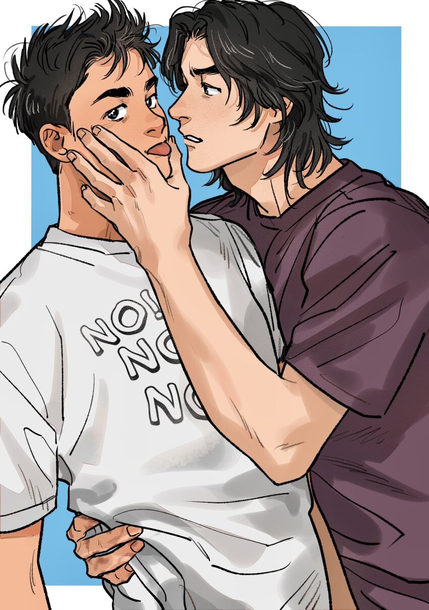 2boys, black_eyes, black_hair, blue_background, border, commentary_request, english_text, hand_on_another's_face