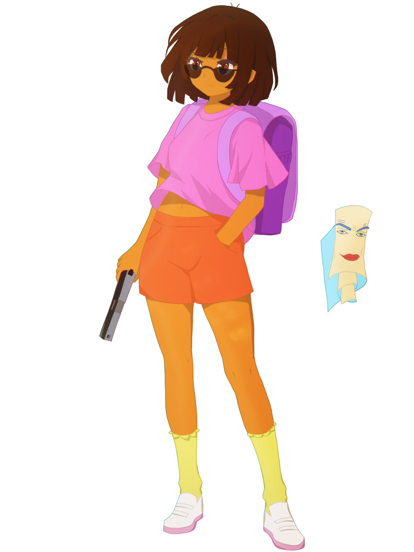 1girl, absurdres, backpack, bag, brown_hair, commentary, dora_marquez, dora_the_explorer, full_body, gun, hand_in_pocket, handgun, highres, holding, holding_gun, holding_weapon, lancerkoi, looking_ahead, map_(dora_the_explorer), midriff_peek, navel, orange_shorts, pink_shirt, purple_bag, randoseru, shirt, shorts, simple_background, socks, solo, sunglasses, transparent_background, weapon, white_footwear, yellow_socks