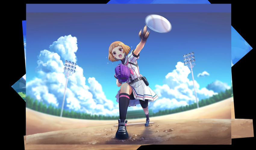 1girl, amakusa_kotone, arched_bangs, ball, baseball, baseball_(object), baseball_glove, baseball_stadium