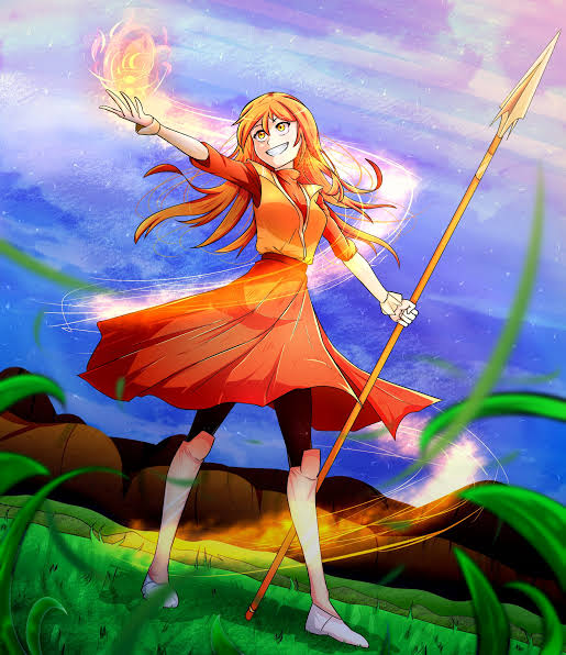 agate_lightvale, casting_spell, dress, fire, glitchtale, grass, orange_dress, orange_eyes, orange_hair, polearm, sky, smile, spear, undertale, utdr_(toby_fox), weapon