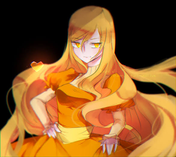 agate_lightvale, black_background, bright_pupils, dress, glitchtale, long_hair, orange_dress, orange_eyes, orange_hair, undertale, utdr_(toby_fox)