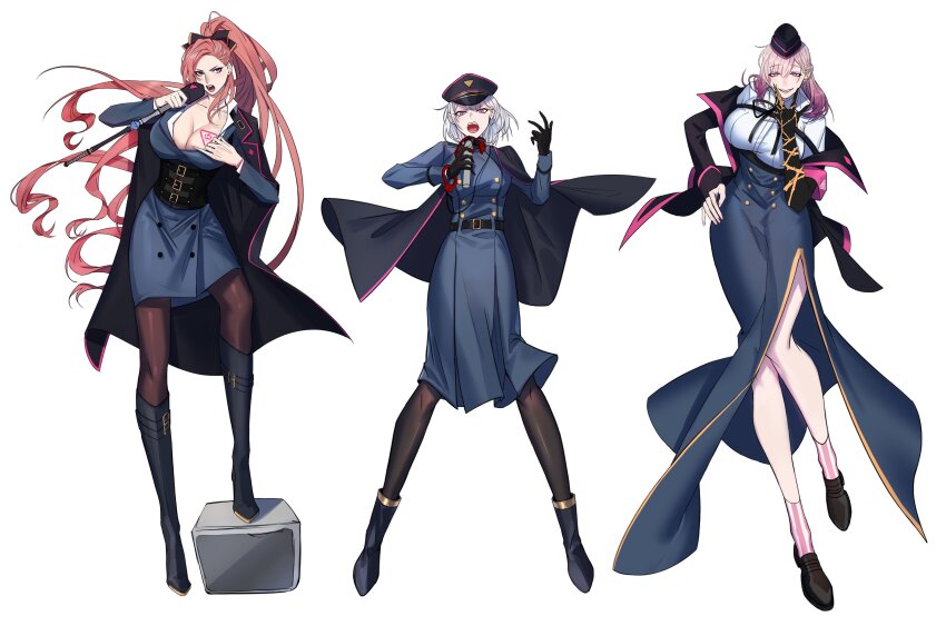 3girls, absurdres, ankle_boots, aohitsugi_nemu, armband, belt, black_belt, black_bow, black_cape, black_footwear, black_gloves, black_hat, black_jacket, black_pantyhose, black_ribbon, blue_coat, blue_dress, blue_eyes, blue_skirt, blush, boots, bow, breast_tattoo, breasts, buttons, cape, claw_ring, cleavage, coat, coat_dress, collar_tug, collarbone, collared_shirt, commentary_request, cuffed, double-breasted, dress, earclip, fishfall, full_body, garrison_cap, gloves, gradient_hair, hair_between_eyes, hair_bow, half-closed_eyes, half_updo, hand_on_own_chin, hand_up, hat, high-waist_skirt, high_ponytail, highres, holding, holding_microphone, hypnosis_mic, jacket, kadenokoji_ichijiku, keitoin_honobono, knee_boots, korean_commentary, lapels, large_breasts, legs_apart, loafers, long_hair, long_skirt, long_sleeves, looking_at_viewer, medium_dress, microphone, military_hat, multicolored_hair, multiple_belts, multiple_girls, nail_polish, neck_ribbon, notched_lapels, off_shoulder, open_clothes, open_jacket, open_mouth, orange_hair, pantyhose, parted_lips, peaked_cap, pencil_dress, pink_armband, pink_eyes, pink_hair, pink_nails, pink_socks, ponytail, purple_eyes, purple_hair, ribbon, shirt, shoes, short_hair, side_cape, side_part, side_slit, simple_background, single_glove, single_handcuff, skirt, sleeve_cuffs, smile, socks, speaker, standing, stepping, striped_clothes, striped_socks, swept_bangs, tattoo, thorns, v-shaped_eyebrows, very_long_hair, wavy_hair, white_background, white_hair, white_shirt, white_socks, wing_collar