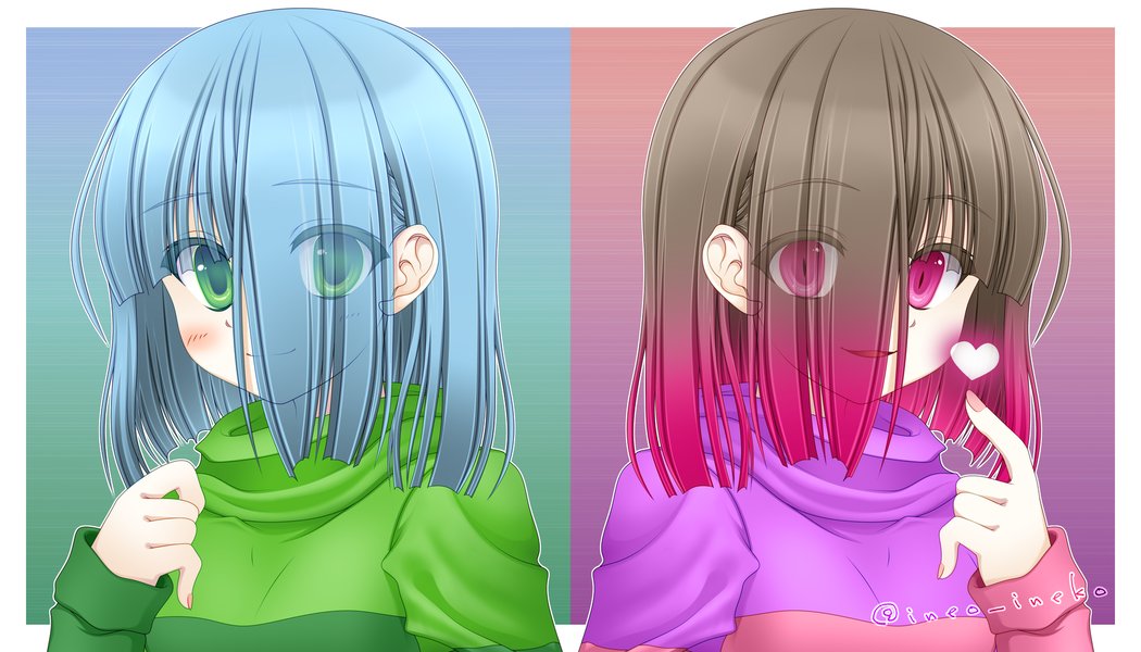 amber_lightvale, bete_noire, blue_background, blue_hair, brown_hair, glitchtale, green_background, green_eyes, green_sweater, pink_sweater, purple_background, purple_sweater, red_eyes, red_hair, smile, sweater, undertale, utdr_(toby_fox), white_background