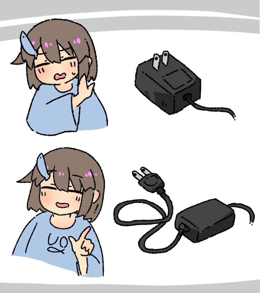 1girl, animal_print, blue_shirt, cable, closed_eyes, drakeposting_(meme), electric_plug, fish_hair_ornament