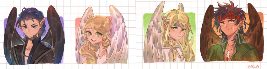 1girl, 3boys, :d, absurdres, artist_name, bird_boy, bird_girl, black_coat